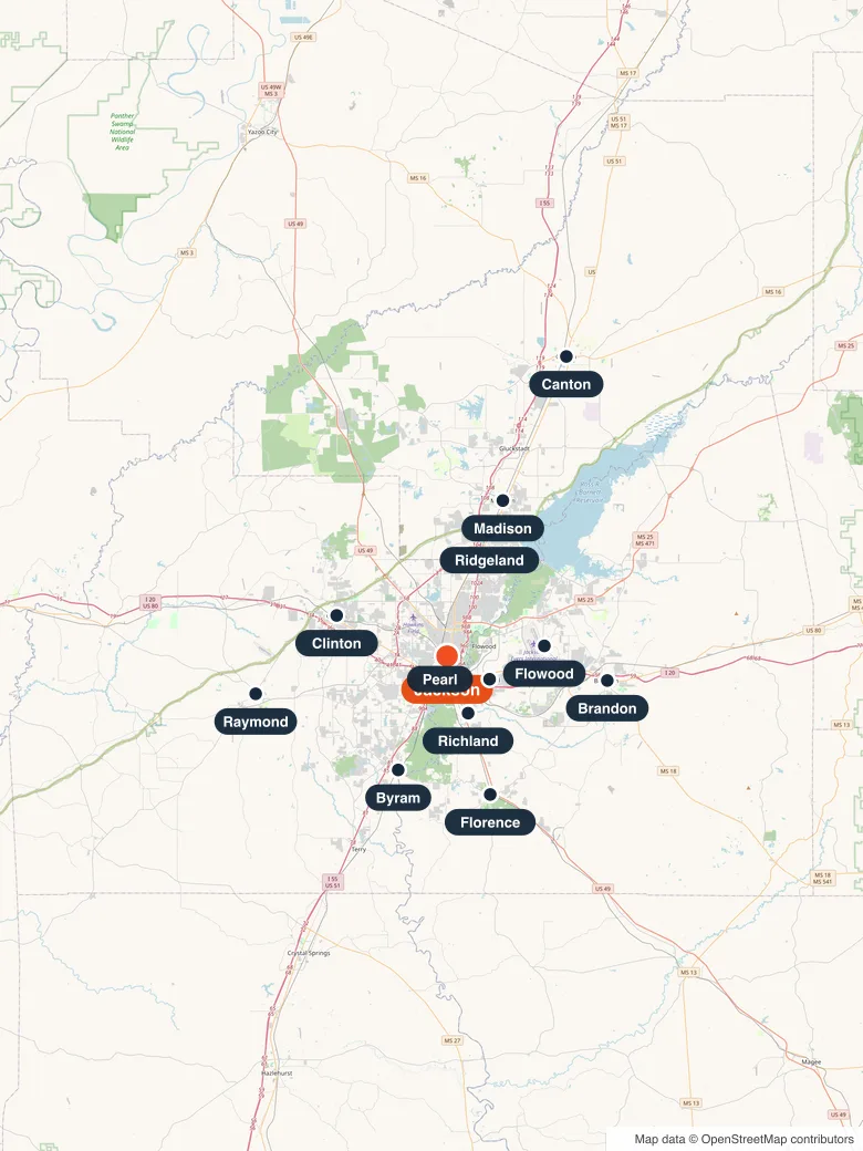 Map of the Jackson metro with pins on Jackson and 11 nearby service cities